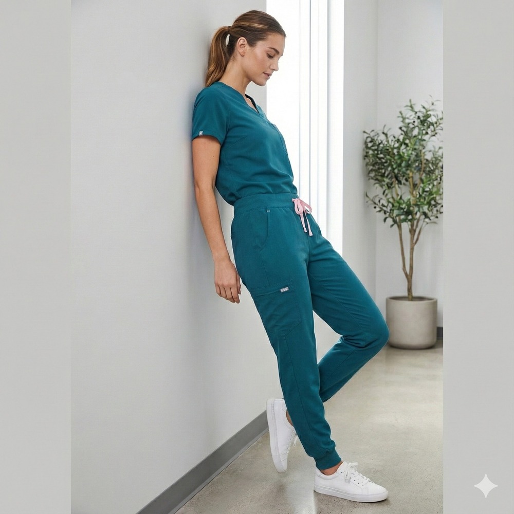 Figs Teal Track Joggers with Pink Drawstring